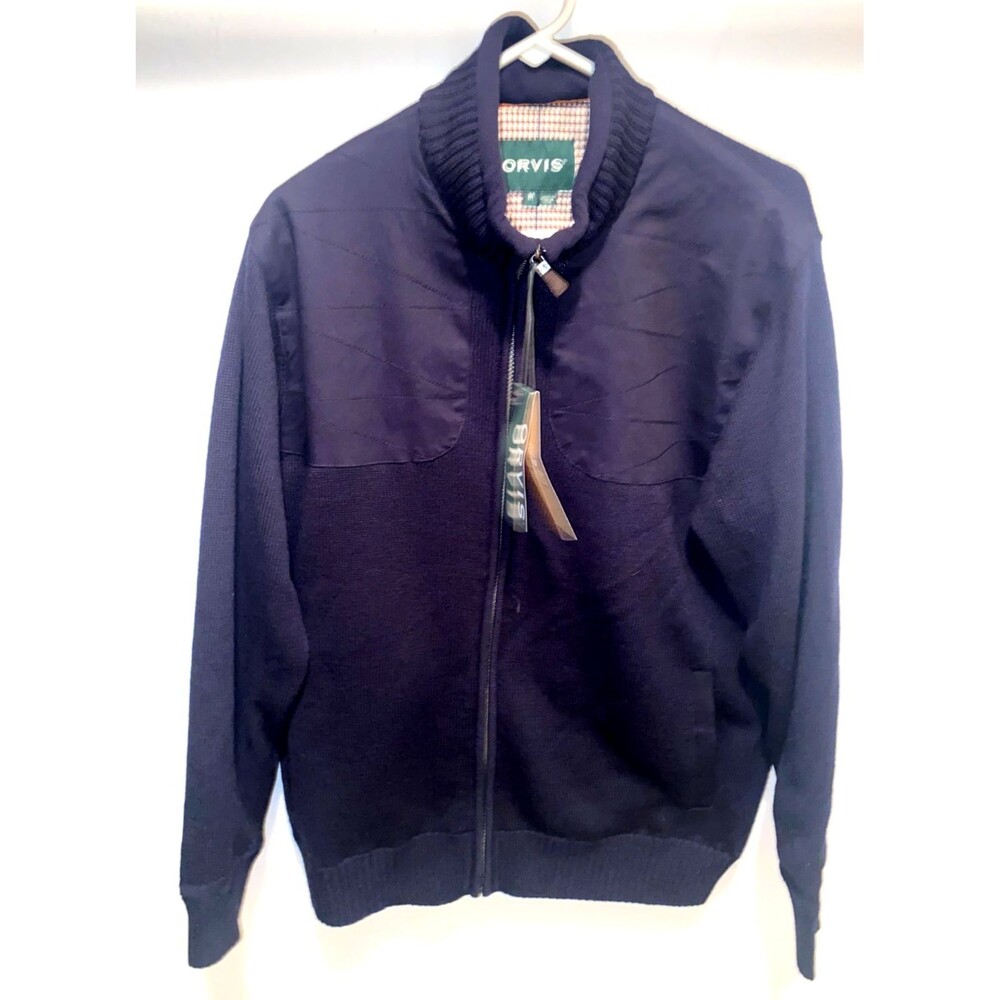 Orvis Mens M Navy Wool Quilted Trim Zip Up Lined Sweater Jacket Coat Casual